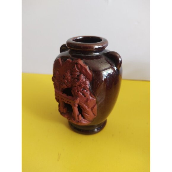 Vintage Banko Japan Red Ware Clay Bud Vase 3D Diorama Pagoda  Pottery 4" Tall - Picture 3 of 9